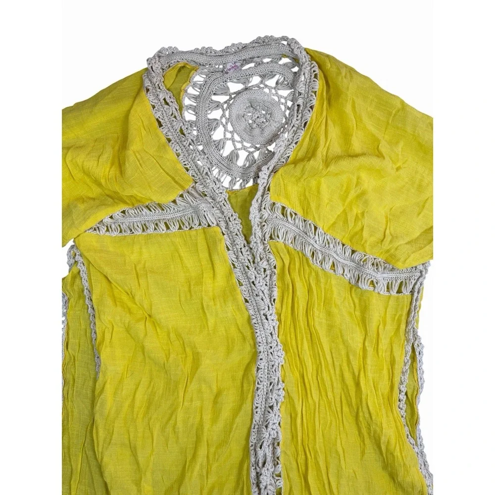 Free People Yellow Crochet Trim Open Front Kimono Cardigan Boho Cover Up OS
